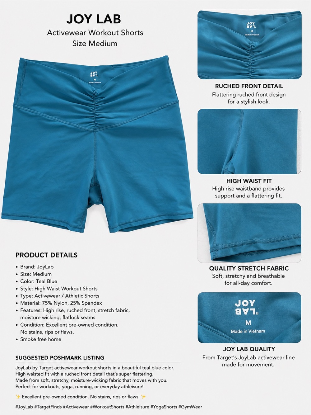 JoyLab Teal Blue High-Waist Ruched Active Shorts - Women
